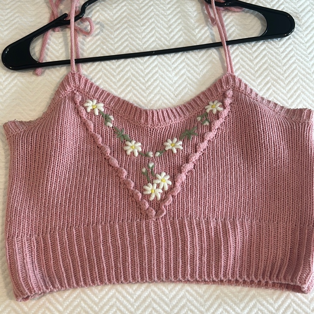 Pink Knit Crop Tank with floral design - size medium with adjustable tie straps